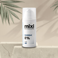 1 ounce skincare bottle labeled 'Mixi Skincare Mandelic 8%' with on a neutral background on a stone surface.