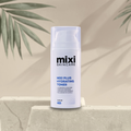Skincare product labeled 'mixi skincare mixi plus hydrating toner' on a neutral background with green leaves. Lists benefits that it hydrates and soothes, reduces redness, repairs skin barrier, and balanced pH levels.