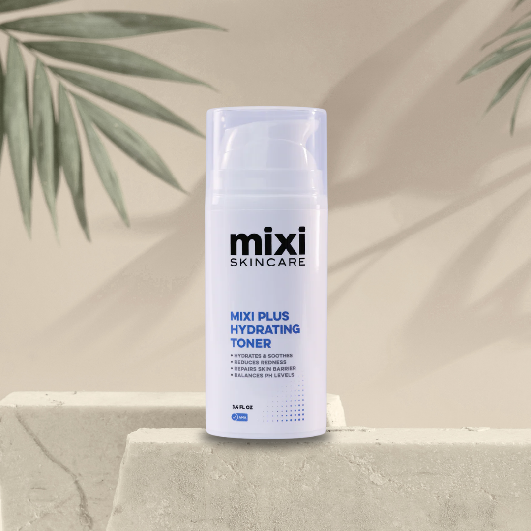 Skincare product labeled 'mixi skincare mixi plus hydrating toner' on a neutral background with green leaves. Lists benefits that it hydrates and soothes, reduces redness, repairs skin barrier, and balanced pH levels.
